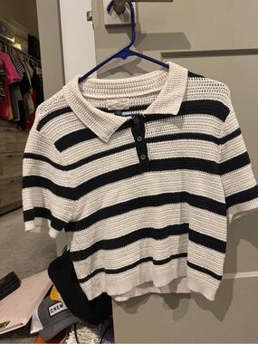 Universal Thread White and Black Striped Cropped Polo Sweater